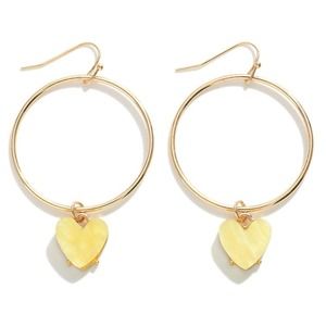 Yellow Heart Charm Hoop Circle Dangle Drop Earrings
